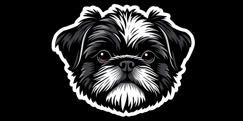sticker, 3D black and white shih tzu, black background