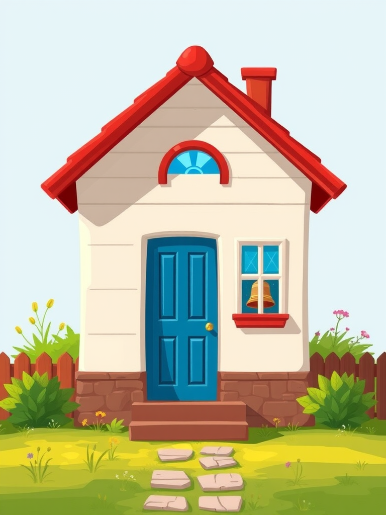 Generate a vibrant and detailed illustration of a simple house with a red roof, blue door, and a bell in the window, using a Canon EOS 5D Mark IV with a 50mm lens, aperture set at f/8, ISO 100, and a natural lighting setup for enhanced image quality.