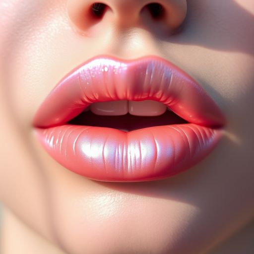 Iridescent pearl lips with a subtle pink undertone, delicate and ethereal, creating a luminous and angelic appearance