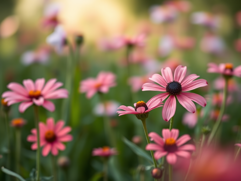 soft focus close-up of pink and coral flowers in a lush green field, aperture f/2.8, ISO 100, 50mm lens, shallow depth of field, natural light, DSLR camera