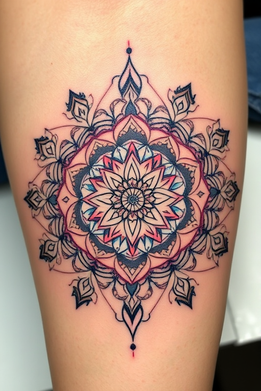 Bohemian mandala tattoo named "Cosmic Harmony" with intricate geometric patterns and ornate details in soft pastel colors radiating outward from a central focal point