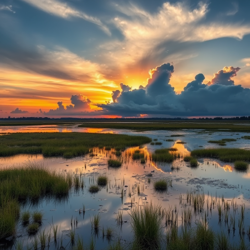 sunset over a wetland with reflective water and dramatic clouds, captured with a Canon EOS R5, 24mm lens, f/8 aperture, ISO 100, HDR style, golden hour lighting, wide-angle view