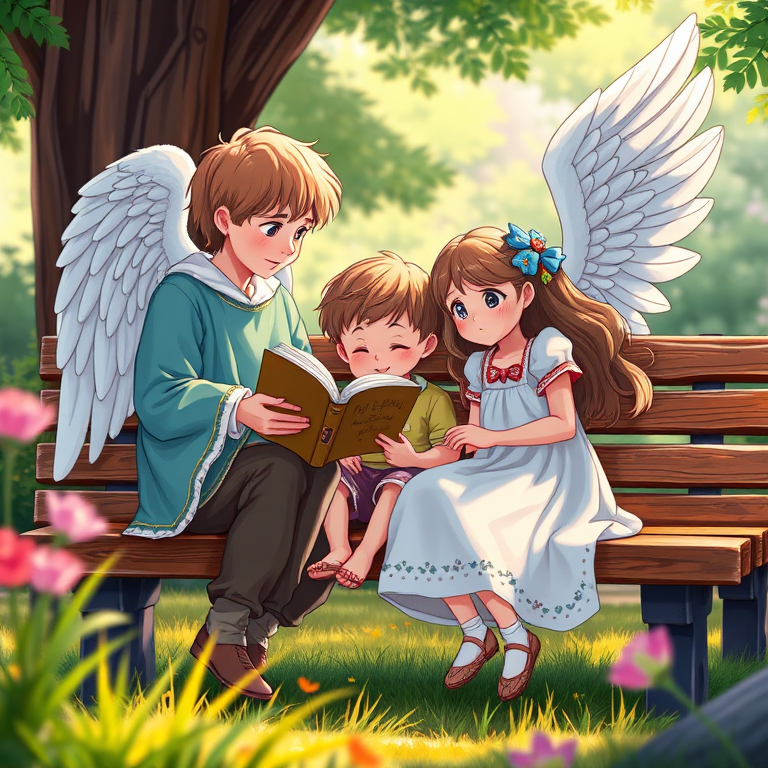 Create a vibrant and detailed illustration of a serene scene with an angel reading to two children, one boy and one girl, seated on a wooden bench; use soft natural lighting, a 50mm f/1.8 lens, aperture priority mode, and a shallow depth of field to blur the background and enhance the focus on the characters.