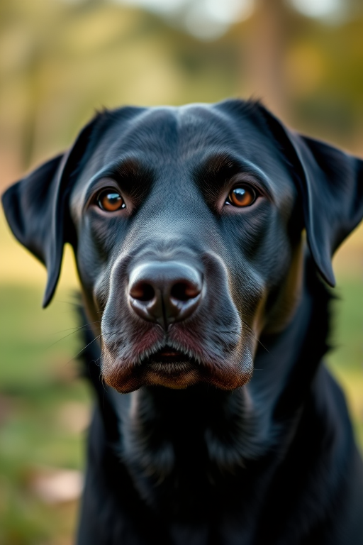 A close-up portrait of a black Labrador retriever against a blurred natural background, with soft lighting, 50mm lens, f/2.8 aperture, ISO 100, shot at eye level for a focused depth of field, using a DSLR camera.
