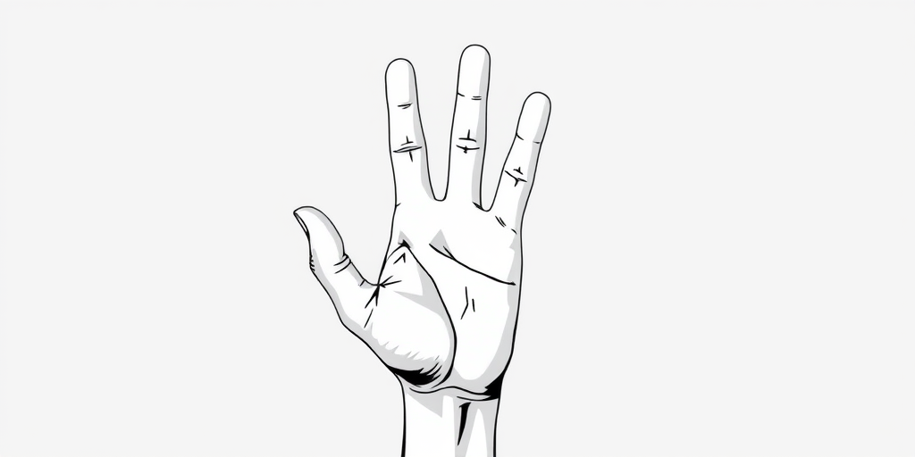 Create a minimalist black and white illustration of a hand making a gesture with three fingers raised, set against a light gray background, captured using a DSLR camera at f/2.8 aperture, 50mm lens, ISO 100, with soft natural lighting for enhanced image quality.