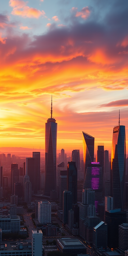 high-resolution image of a futuristic city skyline at sunset, vibrant colors in the sky, dynamic lighting reflecting on buildings, shot with a Canon EOS R5, 50mm lens, f/1.8, ISO 200, aperture priority mode, panoramic view