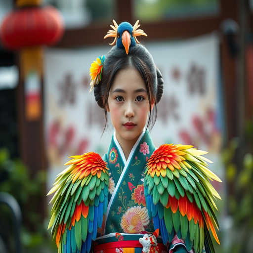A beautiful Japanese girl, wearing colorful bird clothing with vibrant colors