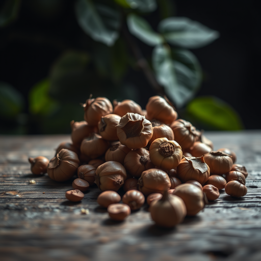 photograph of a pile of hazelnuts on a textured wooden surface, soft natural light from the side, using a Canon EOS R5 with a 100mm f/2.8 macro lens, aperture f/4, ISO 200, shutter speed 1/125s, shallow depth of field, focus on nuts, dark moody background with hints of green leaves