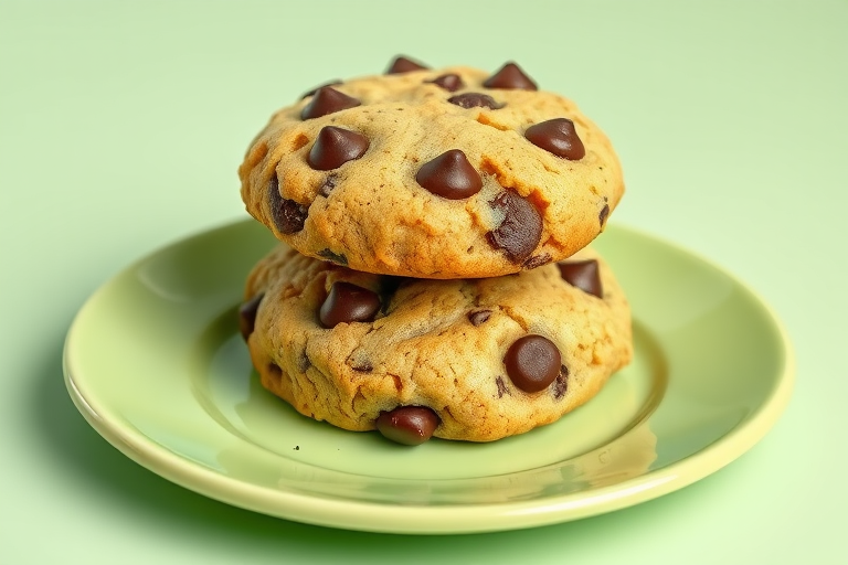 Create a highly detailed and vibrant illustration of two chocolate chip cookies stacked on a light green plate, using a DSLR camera style with a 50mm lens, aperture set to f/2.8 for a shallow depth of field, ISO 100, and a soft light source to enhance textures and colors.