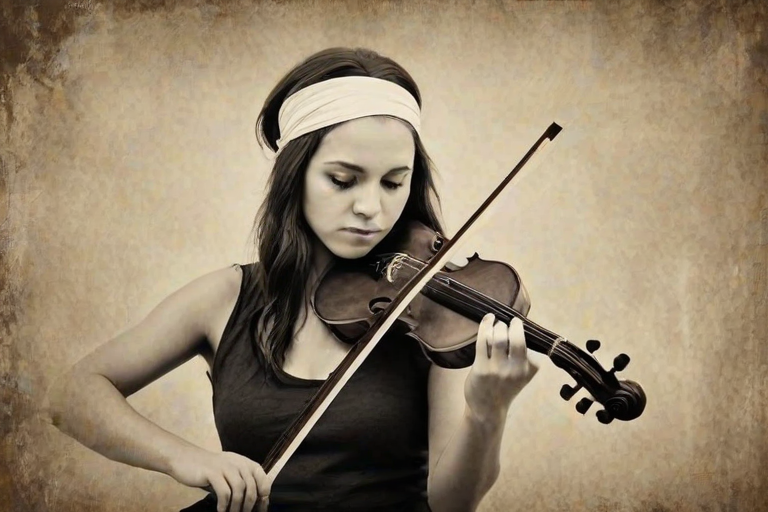 a young M'tis woman with a white headband playing a violin, in the style of a charcoal drawing, sepia grunge background