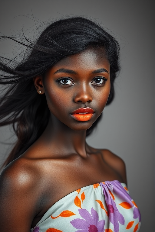 Photographic image of a beautiful young Hausa woman, cyan eyes, lips with orange lipstick, long hair fluttering in the wind and wearing a silk strapless dress with a soft purple and orange print. monochrome image with only color highlights in the iris of the eyes, lipstick and dress. Gray background.