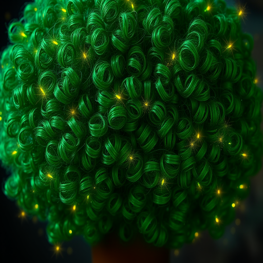Emerald green curls arranged in a voluminous afro, interspersed with tiny twinkling fairy lights, creating a magical forest canopy effect that mesmerizes viewers.