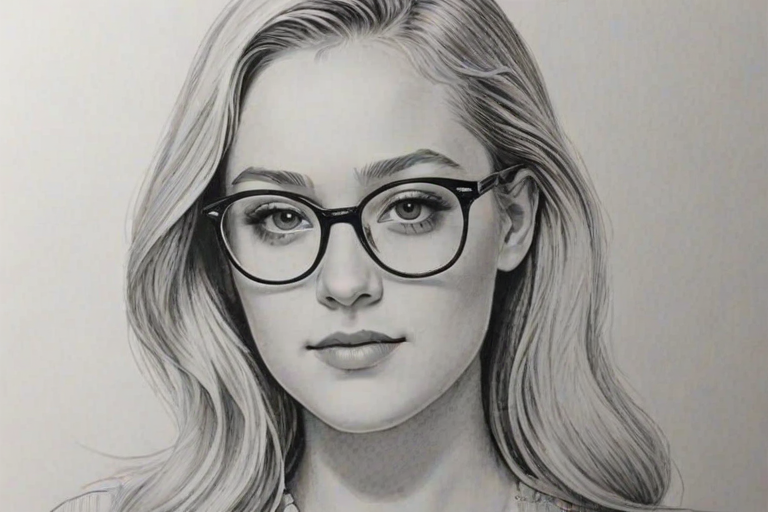 Charming Maika Monroe, pencil sketch, portrait of Radiant woman 1959s in glasses, hair style beatnik, outline, clear lines, fine lines, 8k