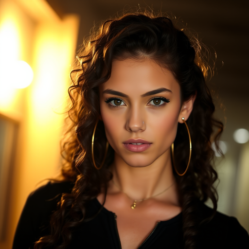 A young woman with long, curly brown hair is looking directly at the viewer. She is wearing a black top with a zipper down the front. The setting is a dimly lit interior space, with a warm, golden light emanating from the background. Her expression is neutral, with a hint of seriousness. The image is a close-up portrait with a shallow depth of field, focusing on the woman's face and torso. The background is blurred, creating a soft and intimate atmosphere.  She is wearing large gold hoop earrings, and a small gold chain is visible around her neck.  Her makeup is natural and simple, highlighting her brown eyes. The lighting creates subtle shadows that accentuate her features.  Her skin is smooth and glows in the soft light. The composition is balanced, with the woman's face positioned in the center of the frame.  The image is focused on capturing her beauty and confidence.