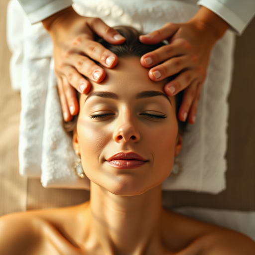 portrait of a woman receiving a massage with hands on her head, soft natural lighting, depth of field, f/1.8 aperture, 35mm lens, Canon DSLR, shot from above, high resolution, warm tones, focus on facial expression and serenity
