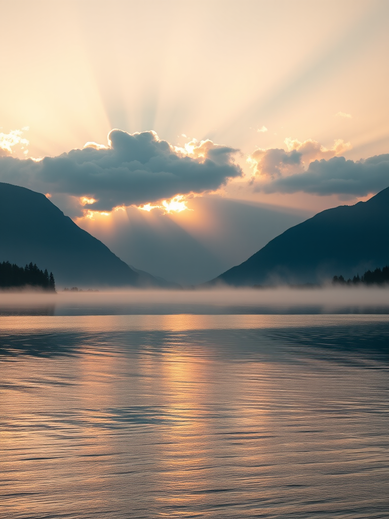 landscape of a serene lake at sunrise with mountains in the background, warm sunlight piercing through clouds, mist rising from the water, shot with a DSLR camera, 24mm lens, aperture set to f/8, ISO 200, golden hour lighting, high dynamic range for enhanced details