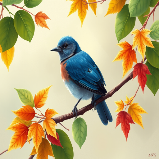 Generate an illustration of a blue bird perched on a branch surrounded by various green leaves and autumn-colored foliage, with a soft, textured background, using a high-resolution digital art style, 4K resolution, natural lighting, and a balanced composition.