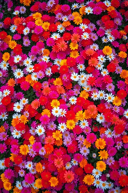 Create a vibrant, high-resolution image of a dense field of multicolored flowers with a slight bokeh effect, shot with a Canon EOS R5 at f/2.8, ISO 100, shutter speed 1/200s, capturing an overhead view with a macro lens for intricate detail.