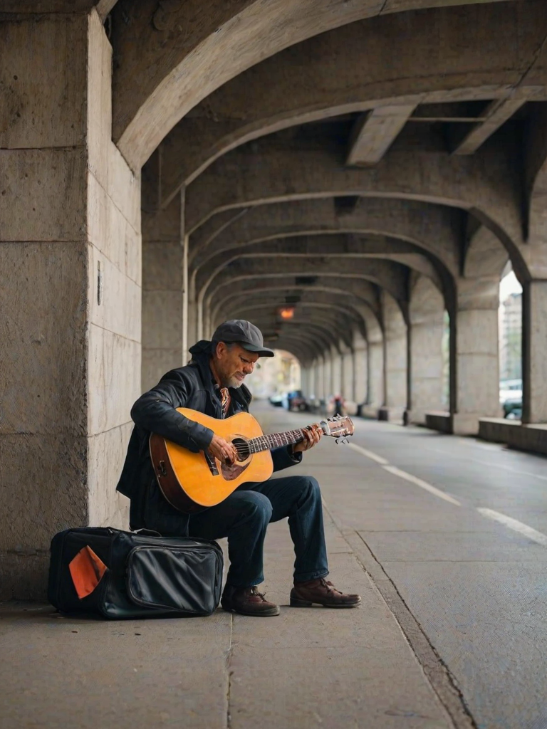 Street musician playing under a city bridge, his guitar case open for tips, the sound of soft melodies echoing against the concrete walls.