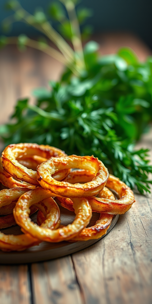 macro shot of crispy onion rings arranged on a rustic wooden table with fresh herbs in the background, natural lighting, aperture f/2.8, ISO 100, 50mm lens, shallow depth of field, DSLR camera