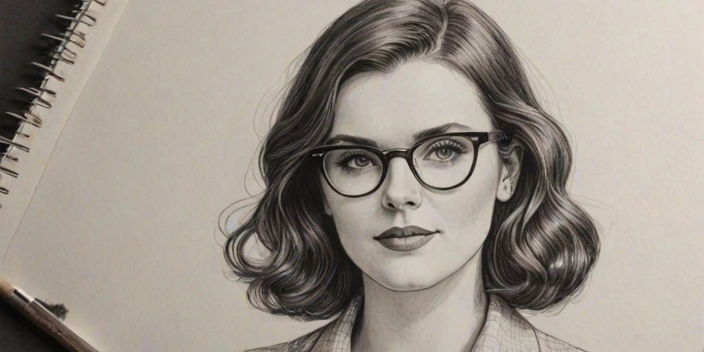 Comely Aisling Bea, pencil sketch, portrait of Alluring woman 1931s in glasses, hair style beatnik, outline, clear lines, fine lines, 8k