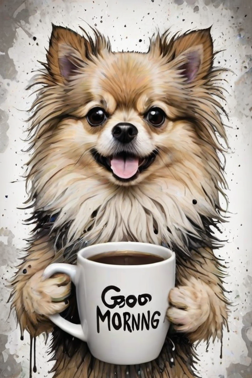 A quirky, artistic illustration of a disheveled aussiepom dog breed with exaggerated, large eyes and spiky fur, holding a coffee mug that reads "Good Morning". The dog has a tired but humorous expression, with ink splatters and abstract details surrounding it, giving a whimsical feel to the image. The color palette is mostly monochrome with hints of black in the eyes and steam rising from the mug, enhancing the overall sleepy vibe