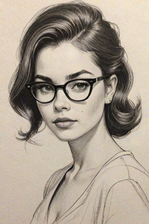 Attractive Sofia Wylie, pencil sketch, portrait of Bewitching woman 1958s in glasses, hair style beatnik, outline, clear lines, fine lines, 8k