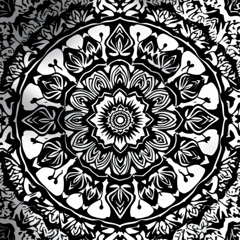 Create a high-resolution black and white mandala design featuring intricate floral patterns and geometric shapes using a Canon EOS R5 with a 50mm f/1.2 lens, aperture set to f/8, ISO 100, shot from a top-down perspective in soft natural light.