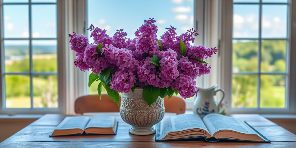 Create an image of a vibrant lilac bouquet in an ornate vase placed on a wooden table, with an open book and a decorative ceramic pitcher beside it, set against a large window that reveals a lush landscape and blue sky; use a DSLR camera with a 50mm lens, aperture set to f/1.8 for a shallow depth of field, and natural lighting to enhance the colors and details.