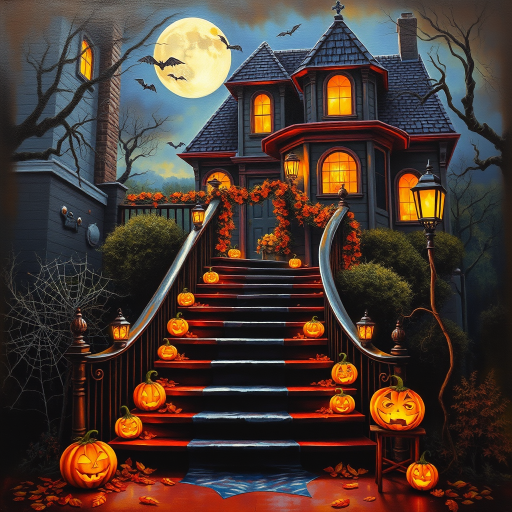 airbrushed oil painting, halloween theme, a haunted house, stairs, highly decorated, illuminated, lanterns, jack o'lantern, bats, webcobs