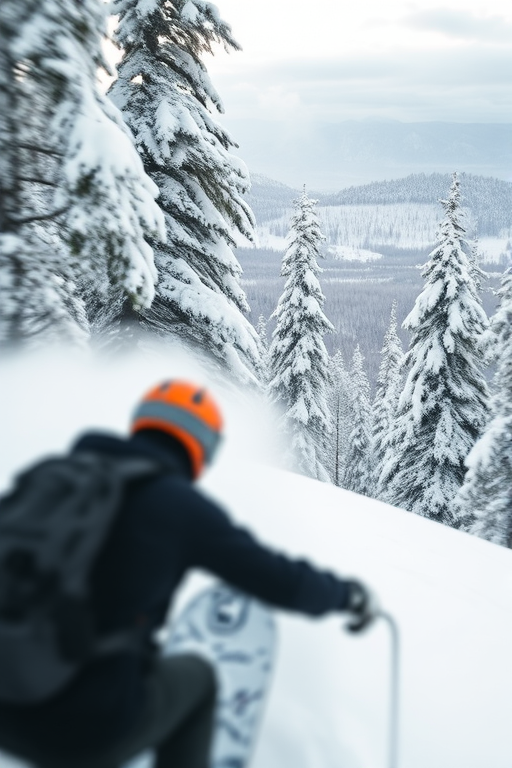 Blurry action shot of a snowboarder carving down a snowy mountain slope, soft focus on the surrounding snow-covered trees, with distant mountains barely visible through the fog.