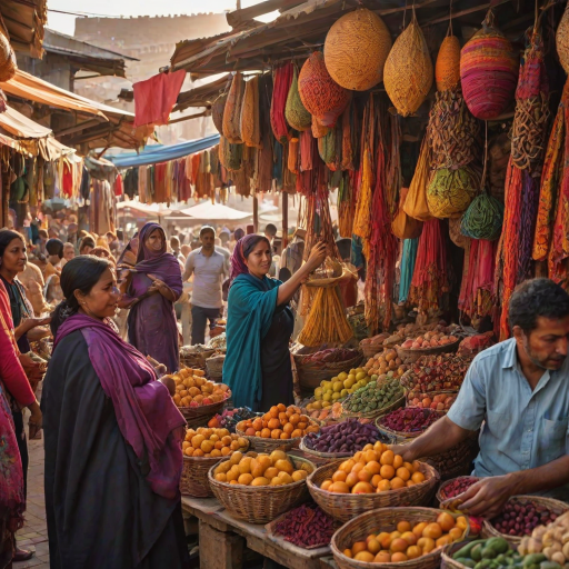 Crowded marketplace at sunset, vibrant fabrics hanging from stalls, a woman haggles with a vendor, her hands holding a woven basket filled with exotic fruits and spices.