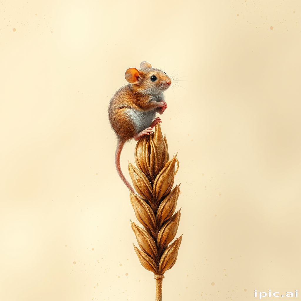 Soft, muted Alcohol Ink with ebru effect background image of tiny whimsical mousey, who climbed high on the top of a golden rye ear.