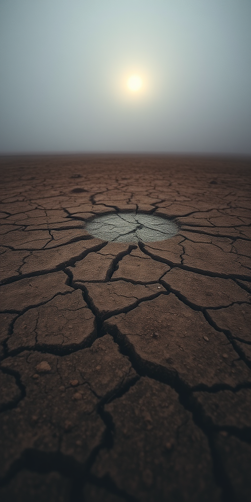 desolate landscape with a cracked earth surface and a faint luminous circular area surrounded by mist, captured with a Canon EOS R5, 50mm lens, f/1.8, ISO 100, with a soft focus effect and low-angle shot to enhance depth and clarity