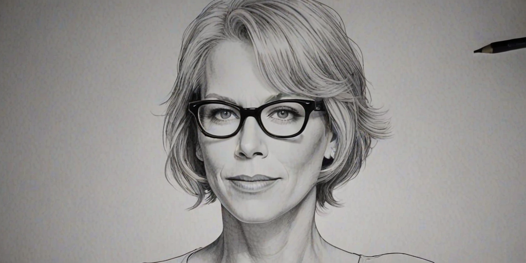 Gorgeous Jamie Lee Curtis, pencil sketch, portrait of Captivating woman 1929s in glasses, hair style beatnik, outline, clear lines, fine lines, 8k