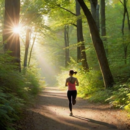 Serene forest trail, with sunlight filtering through the leaves, a woman jogging along the path, and the sounds of birds chirping creating a peaceful ambiance.