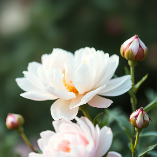 Regenerate a soft-focus watercolor painting of blooming peonies and buds with a serene background, using a Canon EOS R5, 50mm f/1.2 lens, f/2.8 aperture, ISO 100, and a shallow depth of field for enhanced texture and color vibrancy.