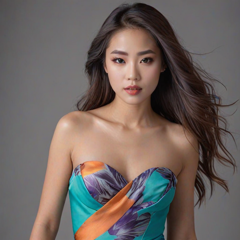 Photographic image of a beautiful young Ryukyuan woman, brown eyes, lips with cyan lipstick, long hair fluttering in the wind and wearing a silk strapless dress with a soft purple and orange print. monochrome image with only color highlights in the iris of the eyes, lipstick and dress. Gray background.