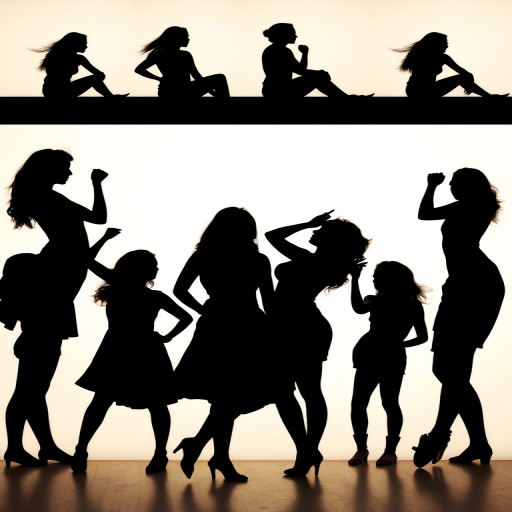 Create a high-resolution silhouette collage featuring eight diverse female figures in various poses, utilizing a 50mm lens at f/2.8, with a soft focus background to enhance the subjects, shot in natural light with a DSLR camera from a slightly elevated angle to capture dynamic perspectives.