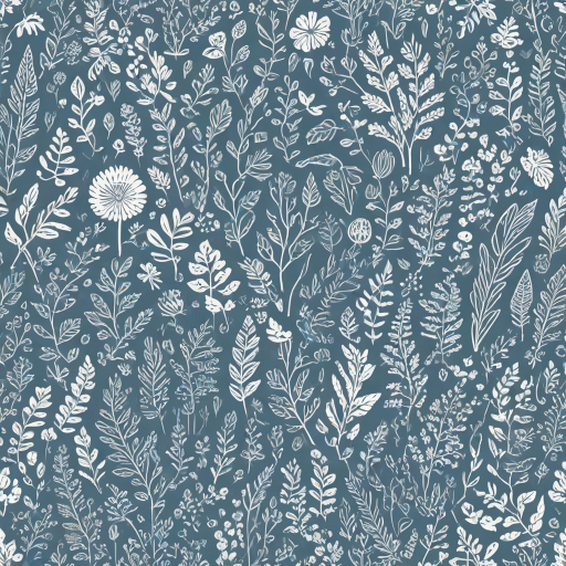 Create a seamless pattern featuring a variety of whimsical hand-drawn floral and leaf designs on a soft blue background. Incorporate different shapes and sizes of plants, including flowers, ferns, and abstract foliage, all outlined in white. The overall style should be playful and organic, with a balanced distribution of elements throughout the composition.
