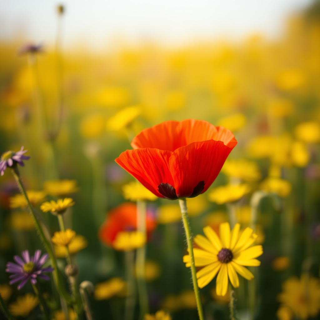 Close-up of a vibrant red poppy flower in a field of blurred yellow and purple wildflowers, shallow depth of field, f/2.8 aperture, 85mm lens, natural light, DSLR camera, golden hour setting for enhanced color saturation.