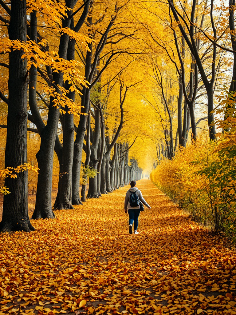 Capture a serene autumn scene featuring a person walking down a leaf-covered path flanked by tall trees with vibrant yellow leaves, using a DSLR camera with a 50mm lens, aperture set at f/2.8 for a shallow depth of field, ISO 100 for clarity, and a shutter speed of 1/200s to freeze the motion, in natural light for enhanced vivid colors and contrast.