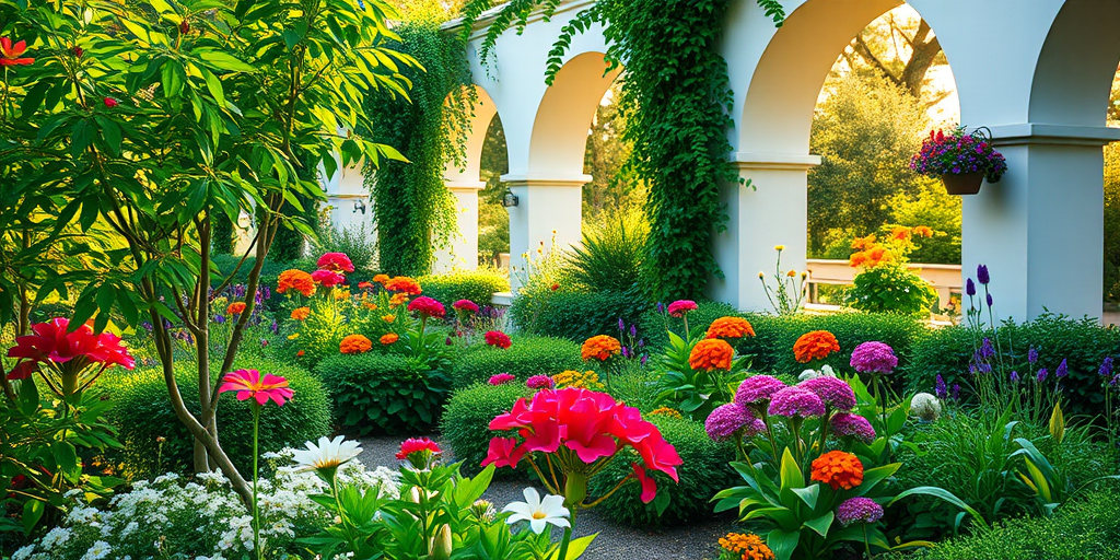 Create a vibrant garden scene with lush greenery and colorful flowers in a serene setting, capturing the soft morning light filtering through archways, using a DSLR camera with a 50mm lens, aperture f/1.8, ISO 100, and a shallow depth of field for enhanced detail and richness in colors, from a slightly elevated perspective for depth.
