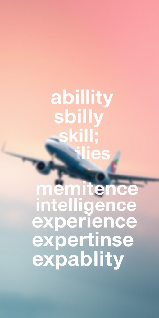 generate an image of a blurred airplane with words like ability, skill, intelligence, competence, experience, expertise, capability overlaid in a creative font, use a Canon EOS R5 camera with a 50mm lens set to f/1.8, ISO 100, shutter speed 1/500 sec, in a soft-focus style against a gradient background.