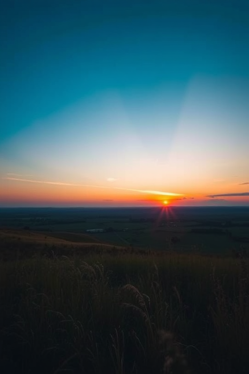 Generate a high-resolution image of a tranquil landscape at sunset, using a DSLR camera, 50mm lens, f/1.8 aperture, ISO 100, captured in portrait view with soft lighting and vibrant colors.