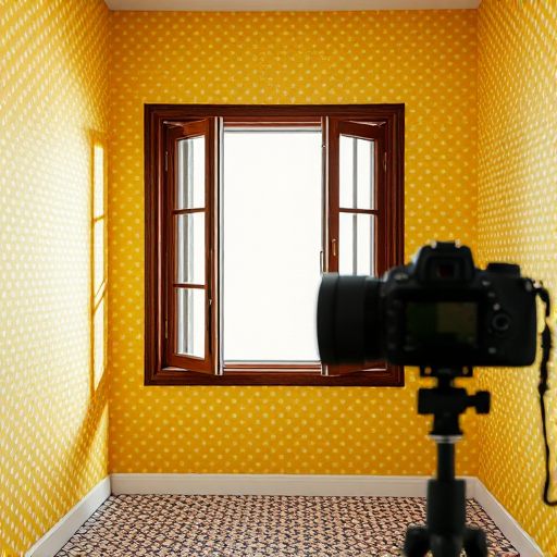 Create an interior view of a room featuring an open window with wooden frames on a colorful polka-dotted yellow wall and a patterned floor, using a DSLR camera at f/8, ISO 100, and 24mm lens with a wide-angle perspective.