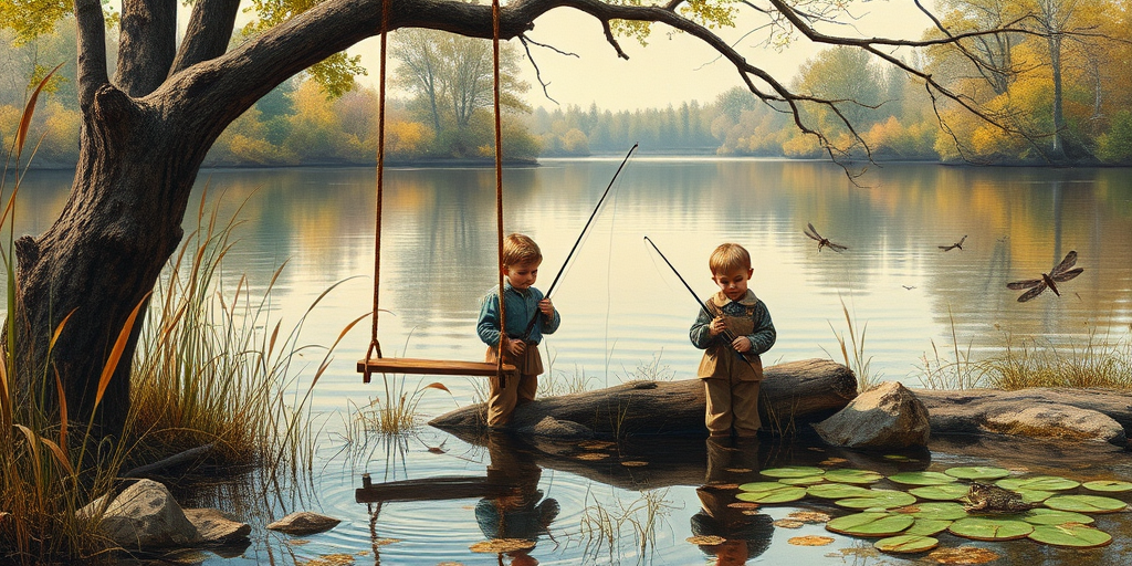 Imagine a small group of old fashioned young boys out fishing by the creek, a swing hanging from a tree branch, reeds and grasses by the water's edge, a frog sitting on a lily pad, dragonflies hovering over som water plans, a very iconic old fashioned scene reminiscent of a Norman Rockwell painting style
