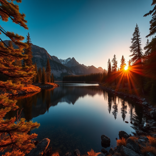 Create a high-resolution image of a serene landscape featuring a mountain lake surrounded by pine trees at sunset, using a Canon EOS 5D Mark IV with a 24-70mm f/2.8 lens, aperture set to f/8, ISO 200, and a shutter speed of 1/125 sec, shot from a low angle to capture reflections in the water, with a warm color palette to enhance the atmosphere.