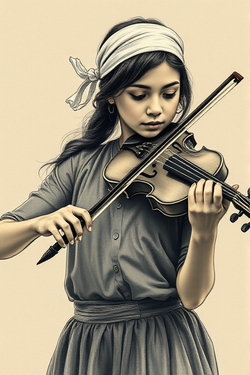 a young Mapuche woman with a white headband playing a violin, in the style of a charcoal drawing, sepia grunge background