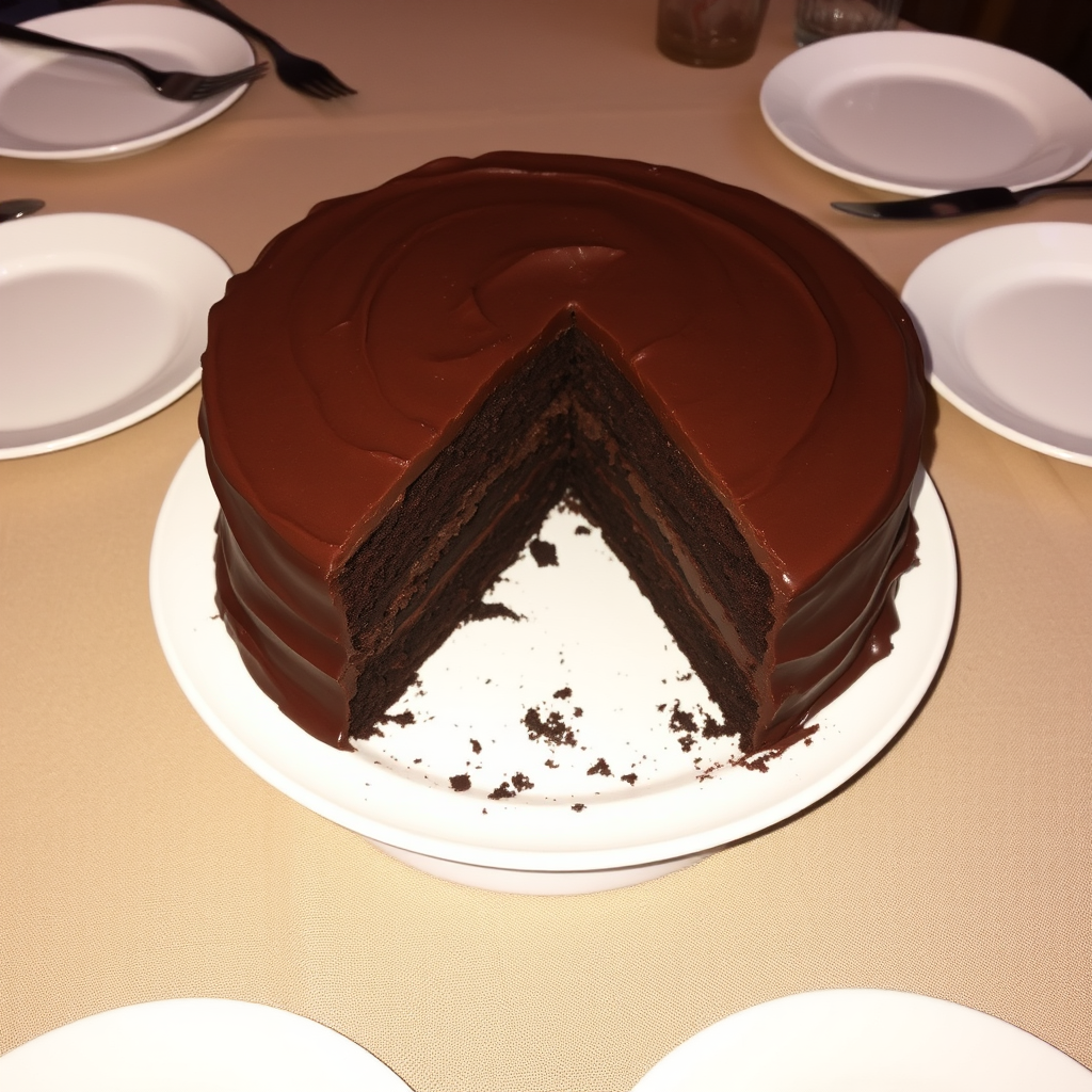 A delicious chocolate cake with smooth frosting sitting on a white plate with a slice removed revealing the chocolate layers inside, placed on a wooden table with a neutral tablecloth, surrounded by empty plates and cutlery.